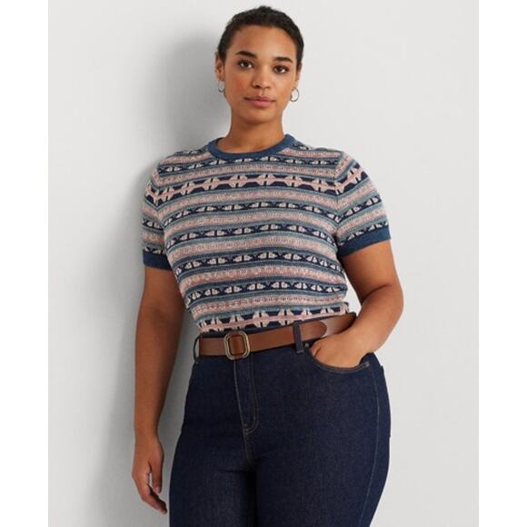 Lauren Ralph Lauren Plus Geo Stripe Short Sleeve Sweater - Picture 1 of 6